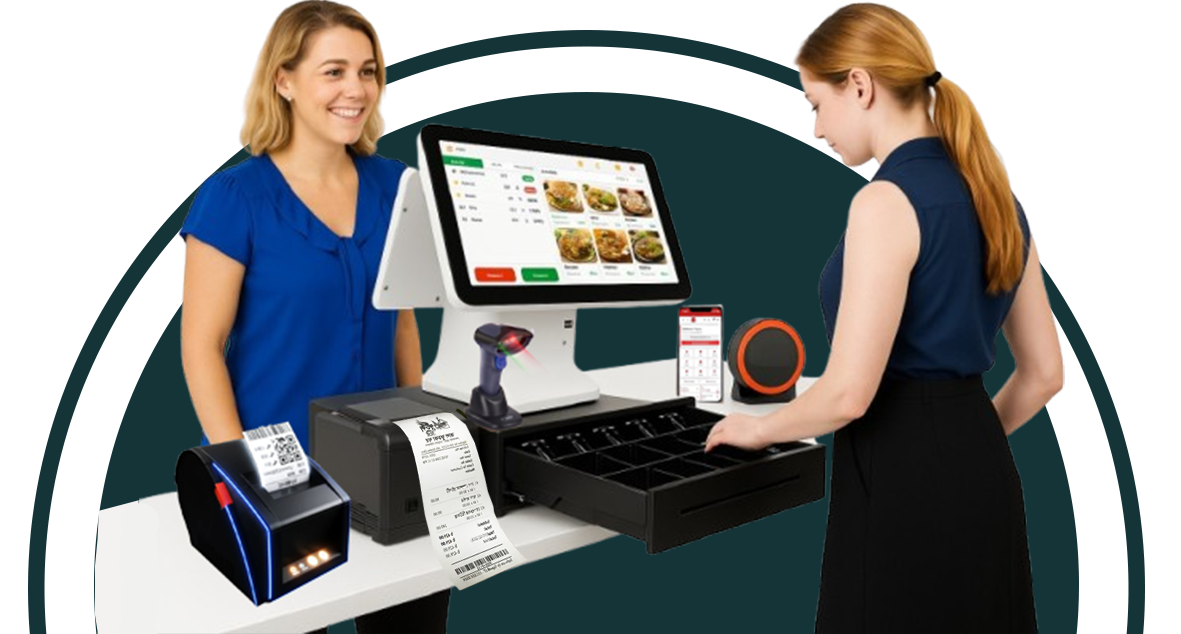 POS system with touchscreen, receipt printer, barcode scanner and cash drawer
